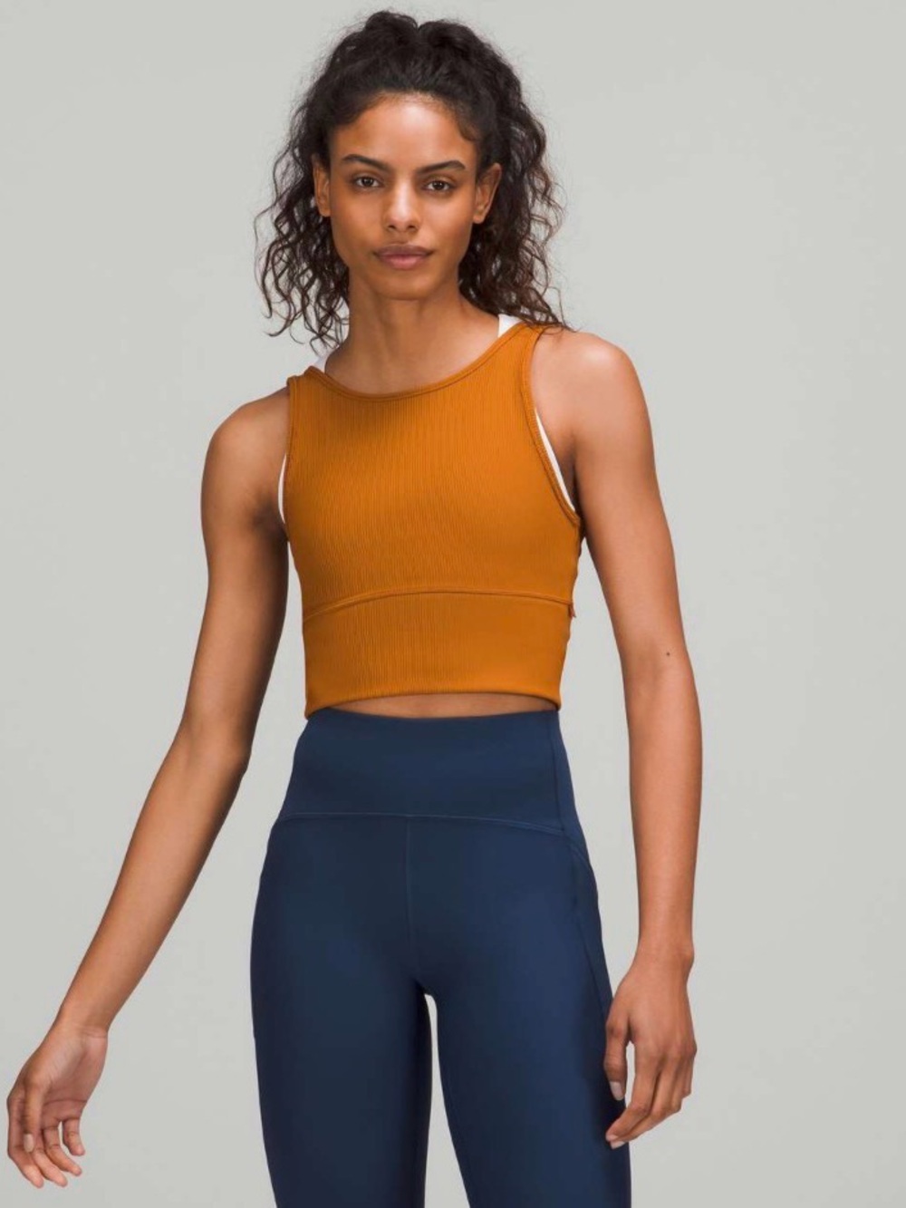 Lululemon Power Pivot Ribbed Layering Cropped Workout Tank in Butternut Brown